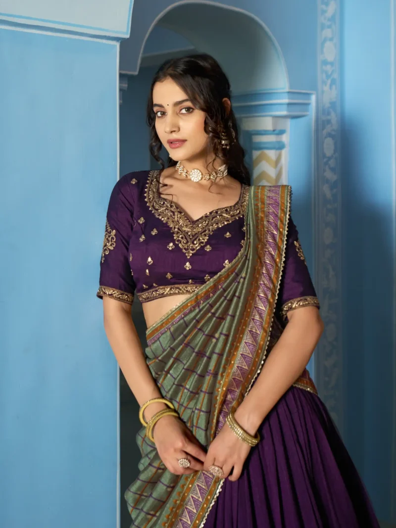 Dark Purple Colour Vichitra Silk Reception Lehenga with Sequins and Thread Embroidery close