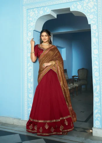 Maroon Colour Vichitra Silk Reception Lehenga with Sequins and Thread Embroidery full front look