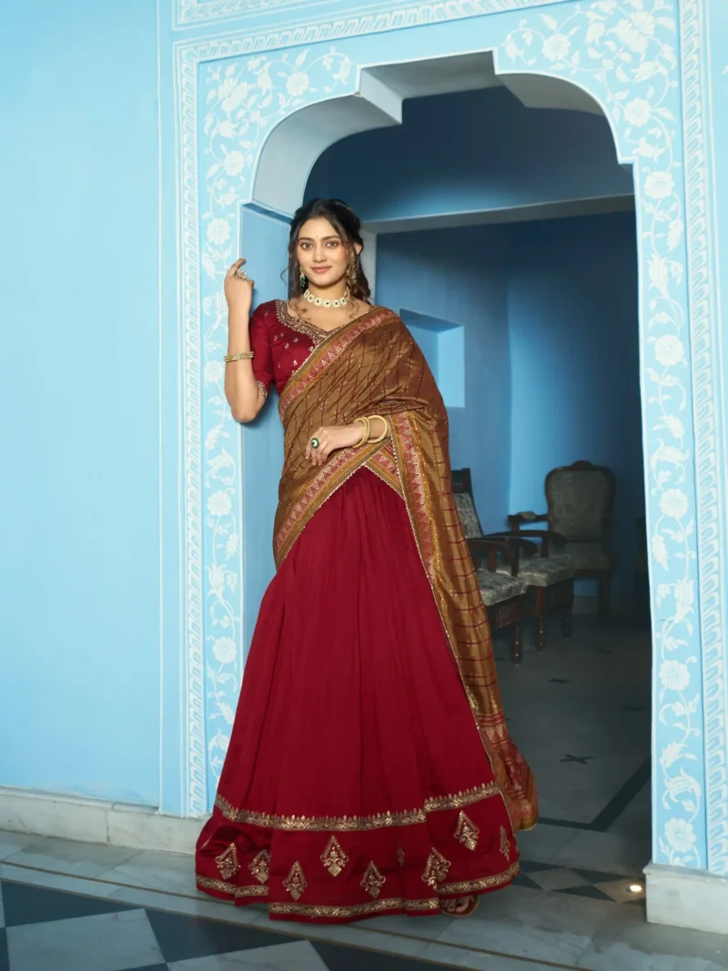 Maroon Colour Vichitra Silk Reception Lehenga with Sequins and Thread Embroidery full front look