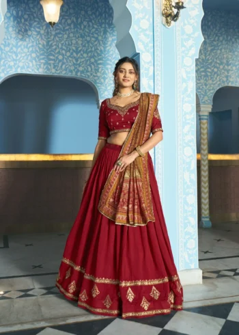 Maroon Colour Vichitra Silk Reception Lehenga with Sequins and Thread Embroidery front design