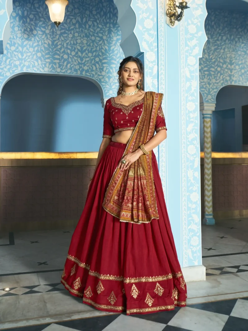 Maroon Colour Vichitra Silk Reception Lehenga with Sequins and Thread Embroidery front design