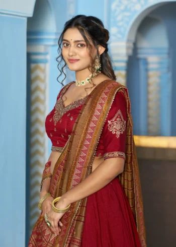 Maroon Colour Vichitra Silk Reception Lehenga with Sequins and Thread Embroidery close look
