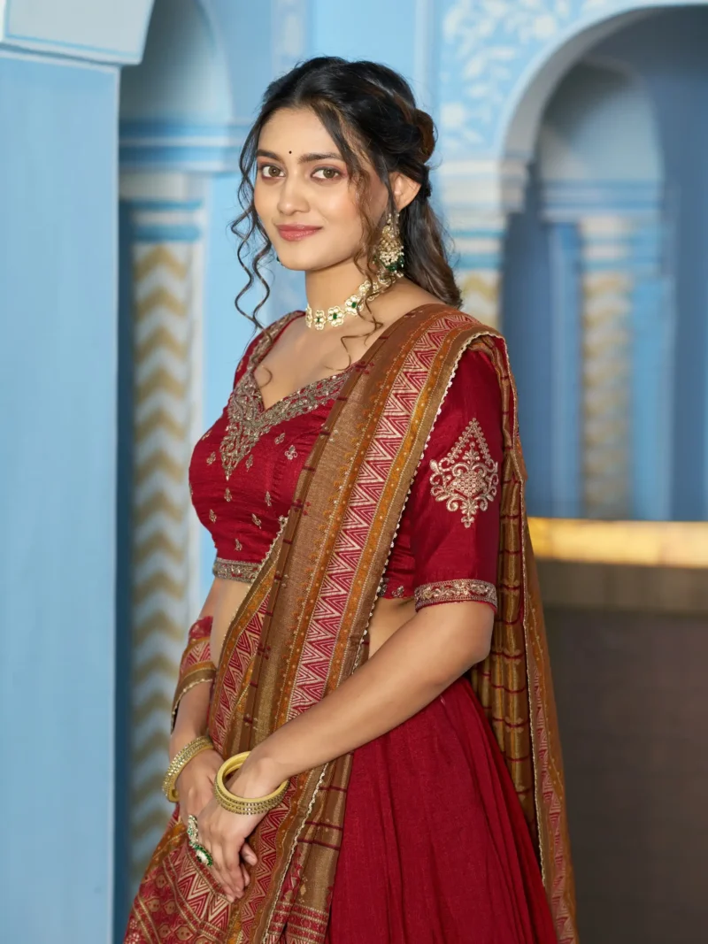 Maroon Colour Vichitra Silk Reception Lehenga with Sequins and Thread Embroidery close look