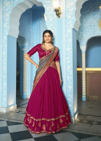 Rani Pink Colour Vichitra Silk Reception Lehenga with Sequins and Thread Embroidery front look