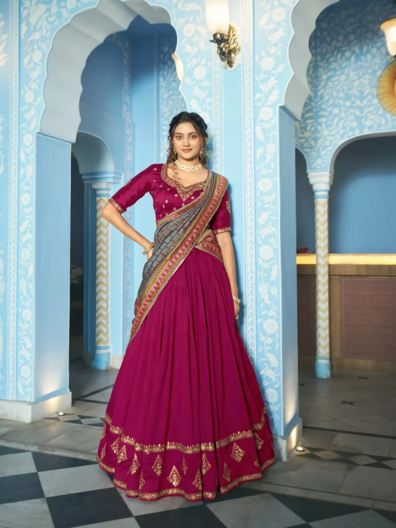 Rani Pink Colour Vichitra Silk Reception Lehenga with Sequins and Thread Embroidery front look