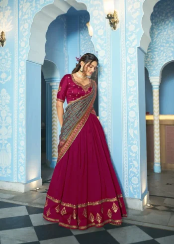 Rani Pink Colour Vichitra Silk Reception Lehenga with Sequins and Thread Embroidery flair
