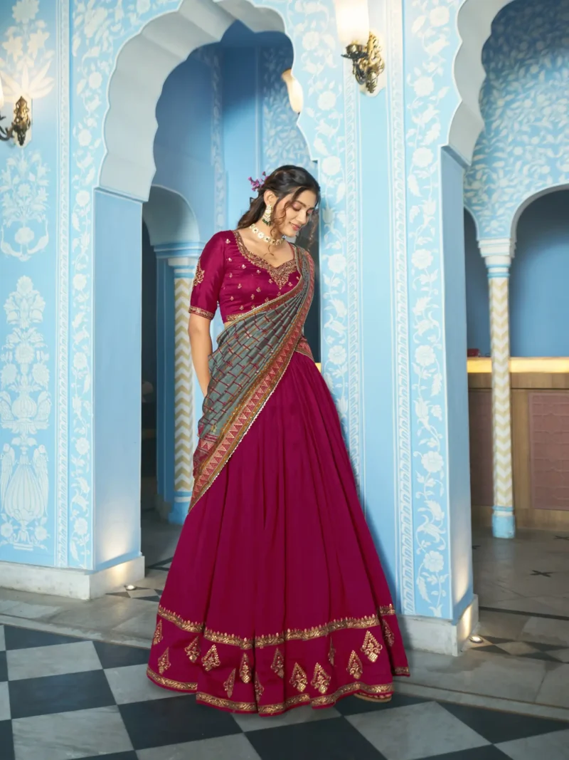 Rani Pink Colour Vichitra Silk Reception Lehenga with Sequins and Thread Embroidery flair