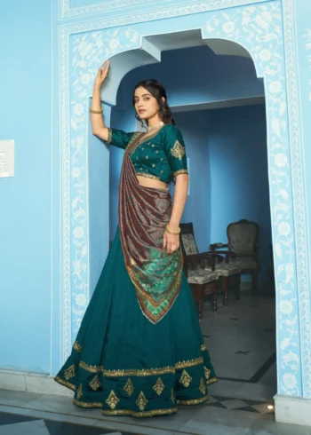 Teal Colour Vichitra Silk Reception Lehenga with Sequins and Thread Embroidery side look