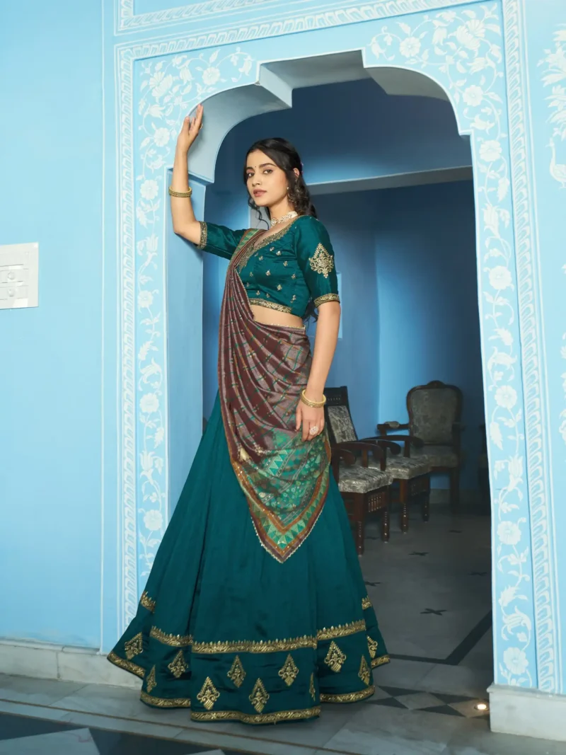 Teal Colour Vichitra Silk Reception Lehenga with Sequins and Thread Embroidery side look