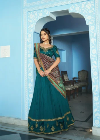 Teal Colour Vichitra Silk Reception Lehenga with Sequins and Thread Embroidery front look