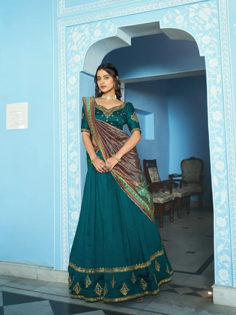 Teal Colour Vichitra Silk Reception Lehenga with Sequins and Thread Embroidery front look