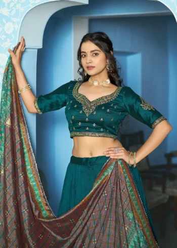 Teal Colour Vichitra Silk Reception Lehenga with Sequins and Thread Embroidery close