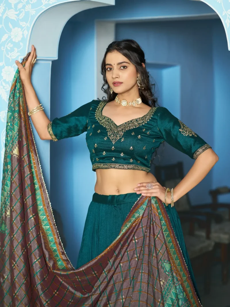 Teal Colour Vichitra Silk Reception Lehenga with Sequins and Thread Embroidery close
