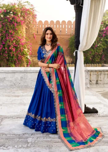 Blue Vichitra Silk Sequin Embroidered Wedding Lehenga