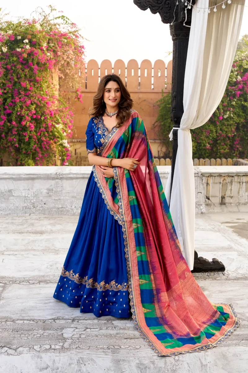Blue Vichitra Silk Sequin Embroidered Wedding Lehenga