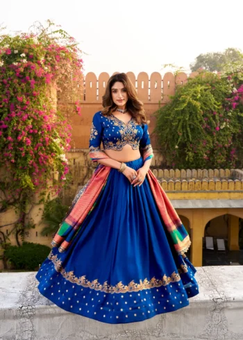 Blue Vichitra Silk Sequin Embroidered Wedding Lehenga flair look