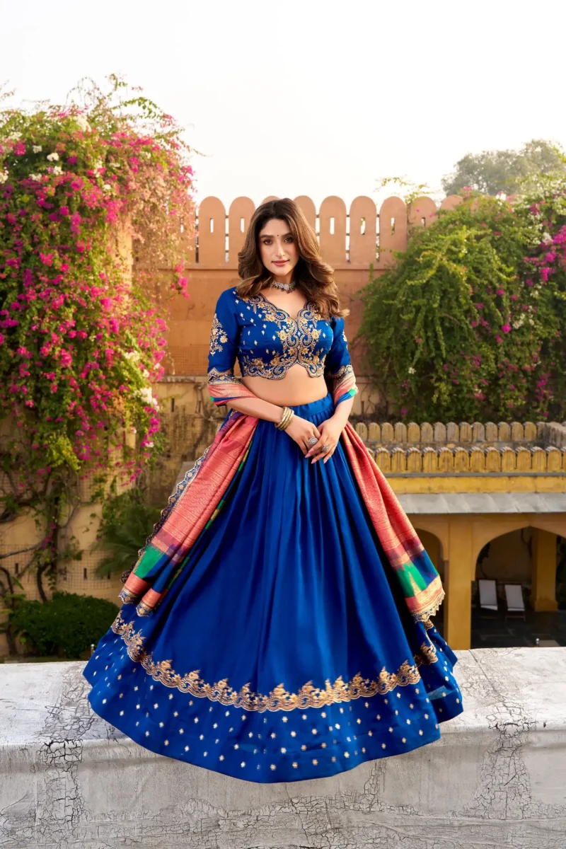 Blue Vichitra Silk Sequin Embroidered Wedding Lehenga flair look
