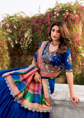 Blue Vichitra Silk Sequin Embroidered Wedding Lehenga close look