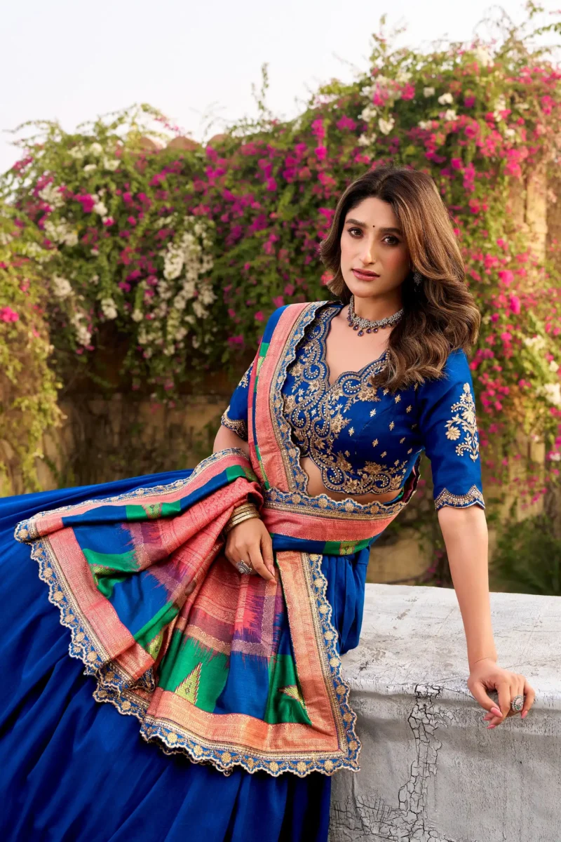 Blue Vichitra Silk Sequin Embroidered Wedding Lehenga close look