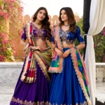 Two girls wearing Blue and Purple Vichitra Silk Sequin Embroidered Wedding Lehenga