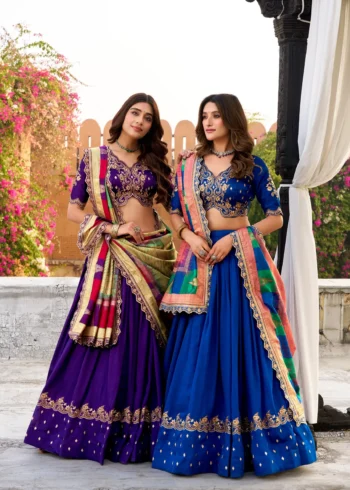 Two girls wearing Blue and Purple Vichitra Silk Sequin Embroidered Wedding Lehenga
