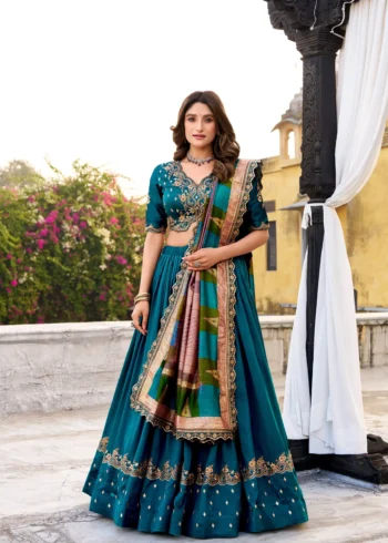 Firozi Vichitra Silk Sequin Embroidered Wedding Lehenga