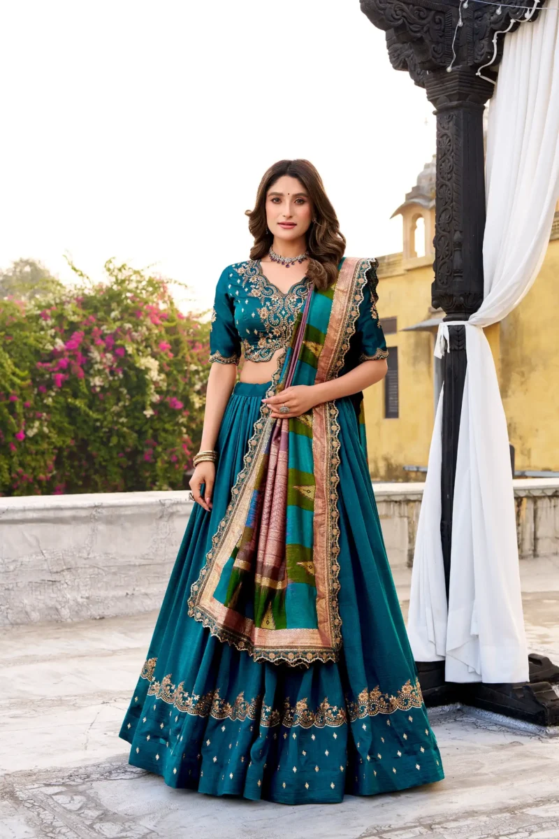 Firozi Vichitra Silk Sequin Embroidered Wedding Lehenga
