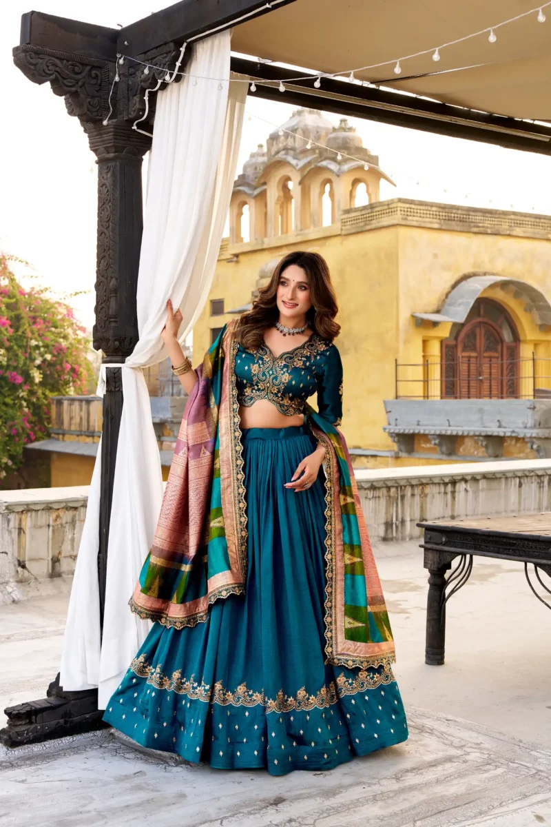 Firozi Vichitra Silk Sequin Embroidered Wedding Lehenga front look