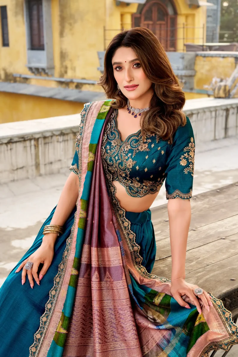 Firozi Vichitra Silk Sequin Embroidered Wedding Lehenga close look