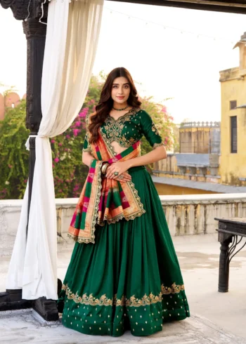 Green Vichitra Silk Sequin Embroidered Wedding Lehenga