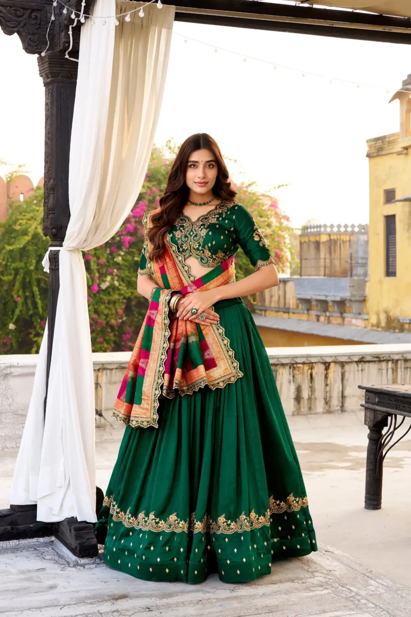 Green Vichitra Silk Sequin Embroidered Wedding Lehenga
