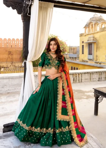 Green Vichitra Silk Sequin Embroidered Wedding Lehenga front look