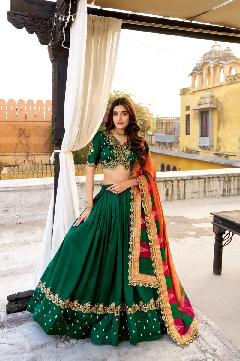 Green Vichitra Silk Sequin Embroidered Wedding Lehenga front look