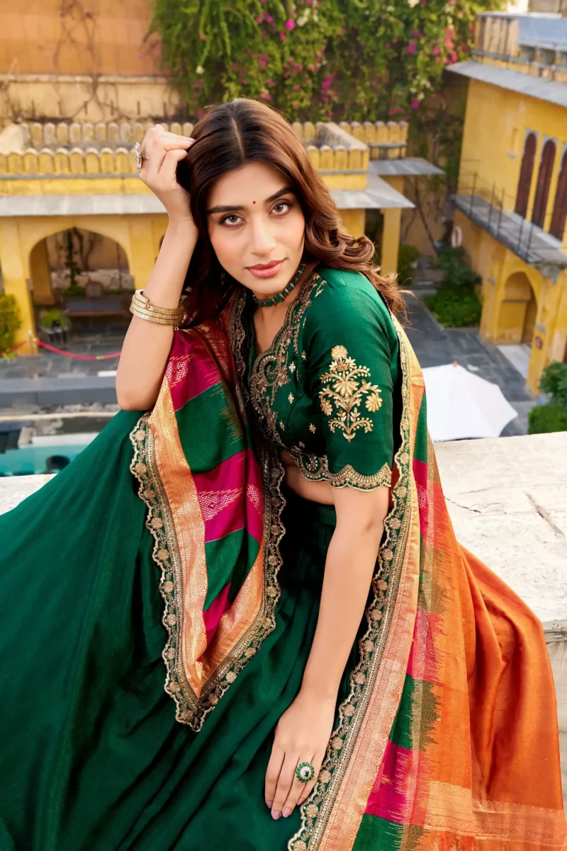 Green Vichitra Silk Sequin Embroidered Wedding Lehenga close look