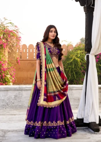 Purple Vichitra Silk Sequin Embroidered Wedding Lehenga