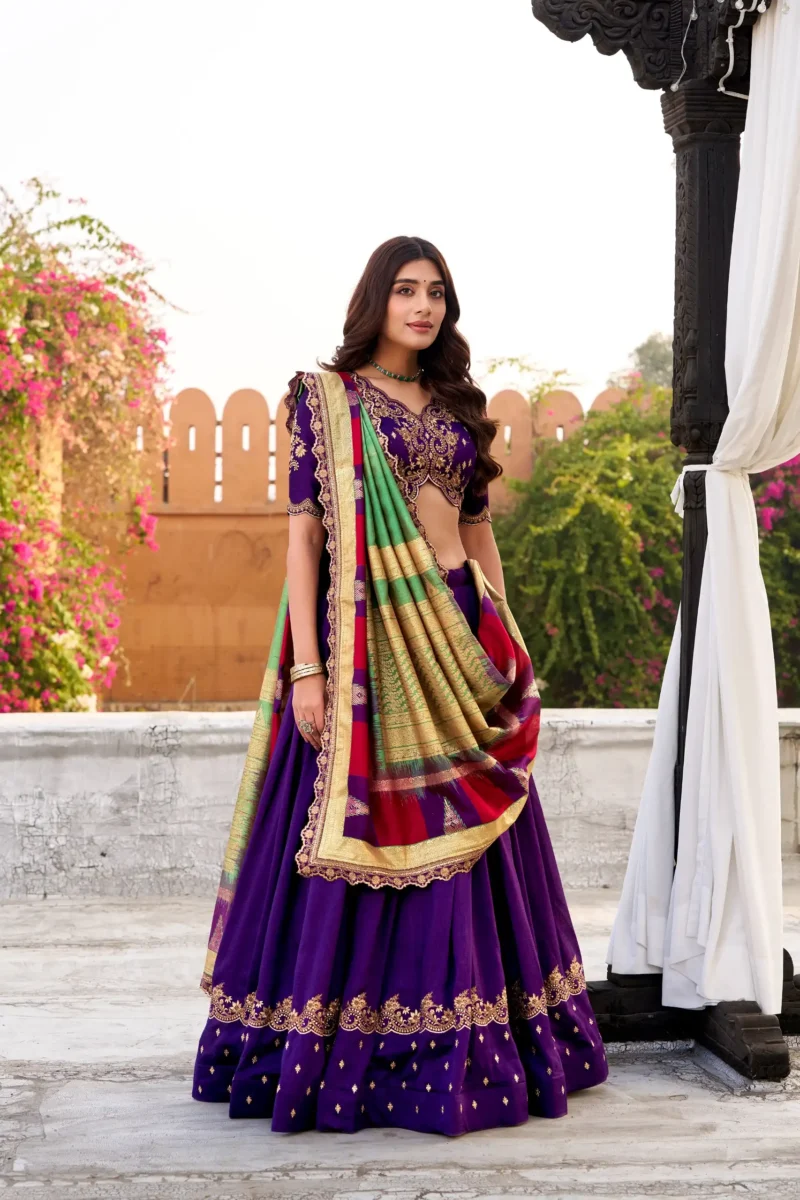 Purple Vichitra Silk Sequin Embroidered Wedding Lehenga