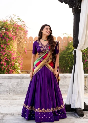 Purple Vichitra Silk Sequin Embroidered Wedding Lehenga front look