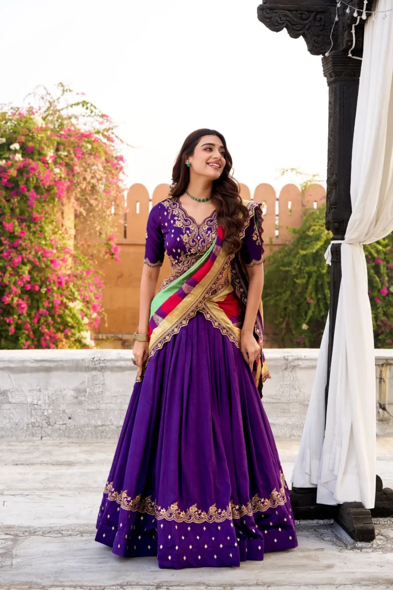 Purple Vichitra Silk Sequin Embroidered Wedding Lehenga front look