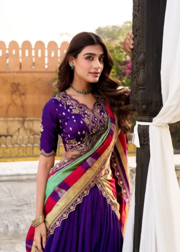 Purple Vichitra Silk Sequin Embroidered Wedding Lehenga close look