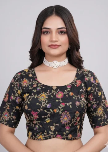 Black Designer Embroidered Viscose Half Sleeve Blouse