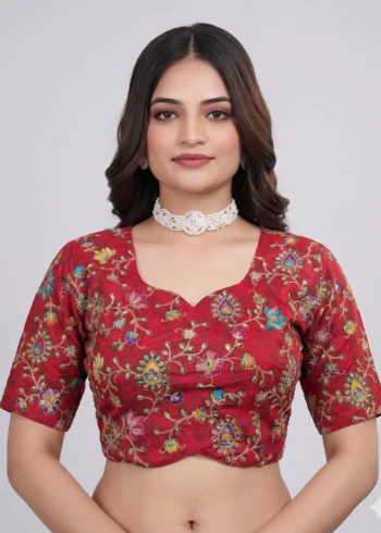 Maroon Designer Embroidered Viscose Half Sleeve Blouse