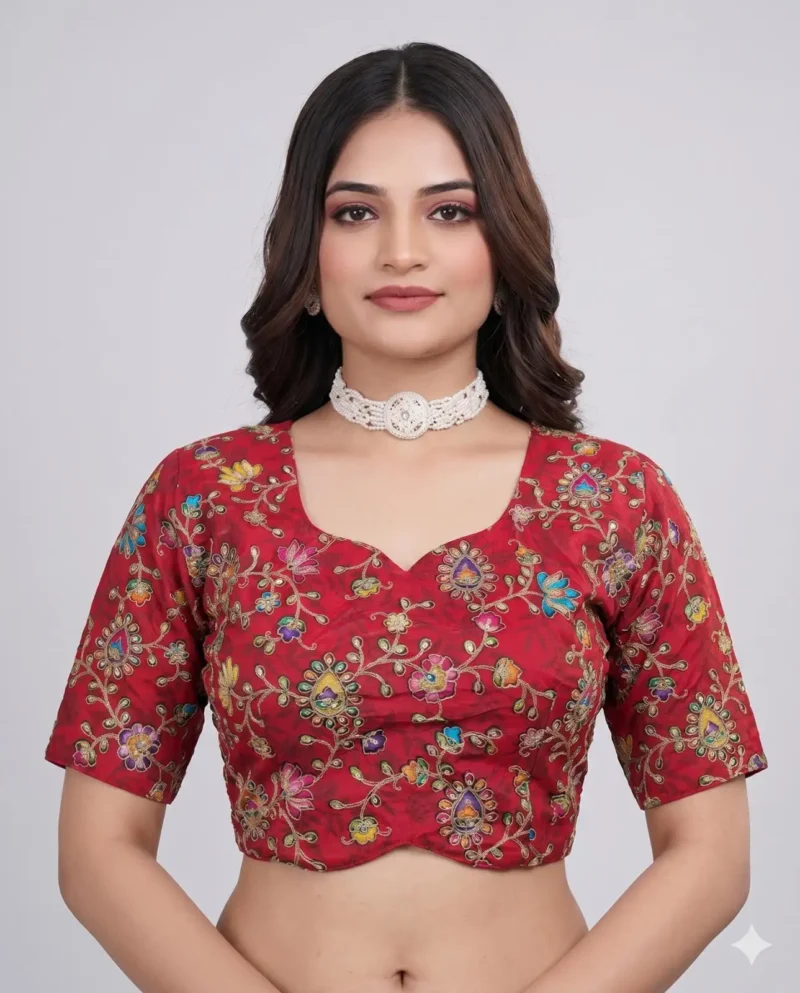 Maroon Designer Embroidered Viscose Half Sleeve Blouse