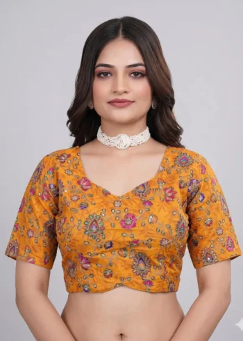 Mustard Designer Embroidered Viscose Half Sleeve Blouse