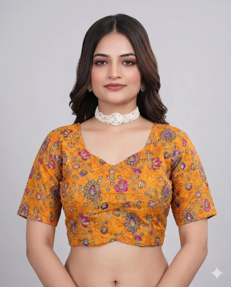 Mustard Designer Embroidered Viscose Half Sleeve Blouse