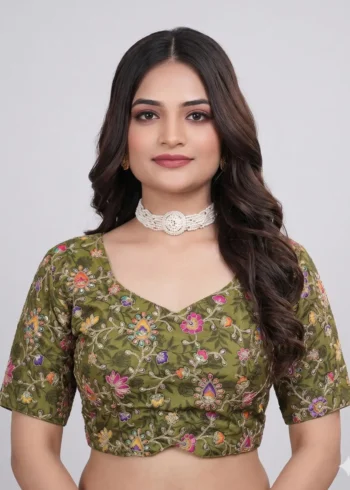 Olive Designer Embroidered Viscose Half Sleeve Blouse