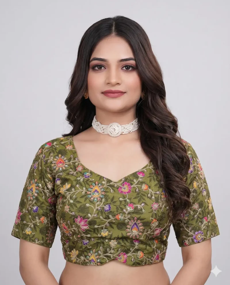 Olive Designer Embroidered Viscose Half Sleeve Blouse