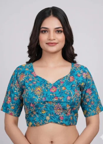 Sky Blue Designer Embroidered Viscose Half Sleeve Blouse