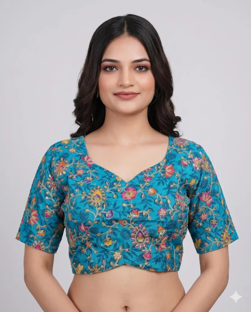 Sky Blue Designer Embroidered Viscose Half Sleeve Blouse