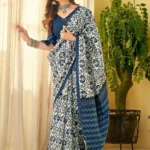 White Linen Cotton Saree with Elegant Printed Design