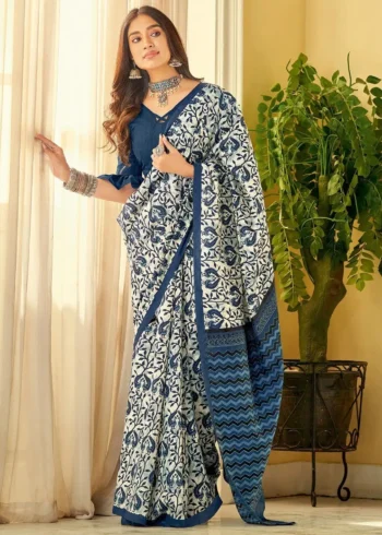 White Linen Cotton Saree with Elegant Printed Design